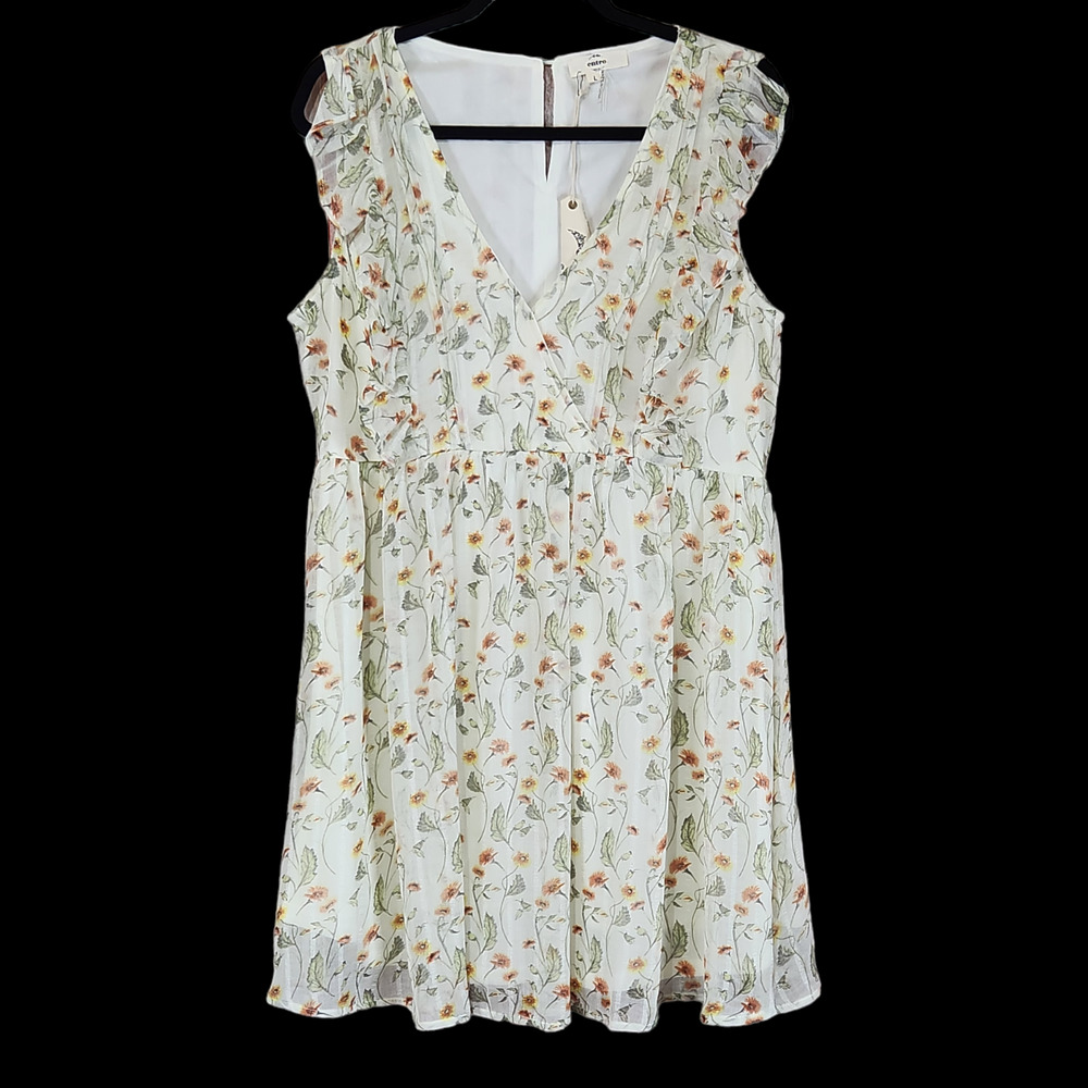 Entro Womens Dress Size Large Yellow Green Cream Floral Faux Wrap Knee Length